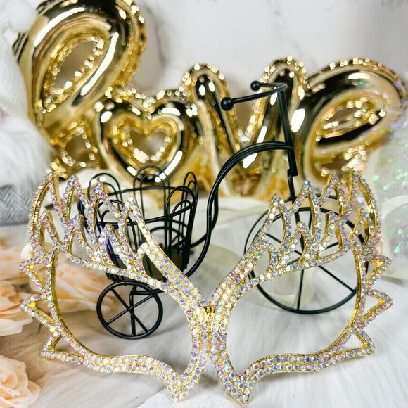 Gold Masquerade Mask, Venetian Mardi Gras Mask, AB Crystal Prom Party Eye Mask - Picture 5 of 7